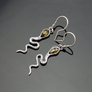 Natural Baltic Green Amber Dangle Snake Earrings in 925 Sterling Silver